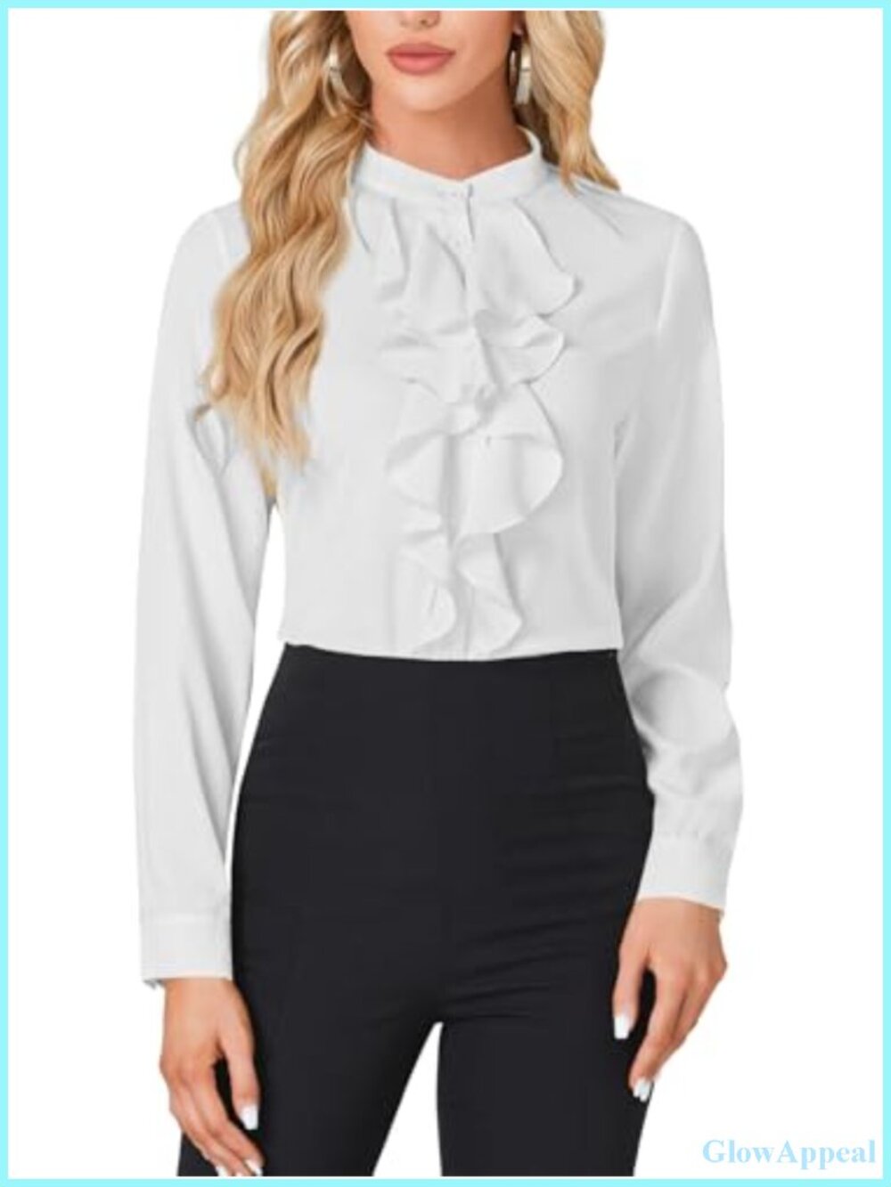 Ruffle Front Mock Neck Long Sleeve Blouse Button Down Dressy Work Shirt